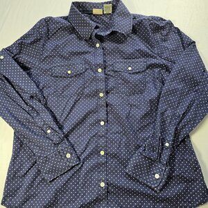 L.L.Bean Women’s Polka Dot Button-Up Shirt – Size L Regular – Navy/White